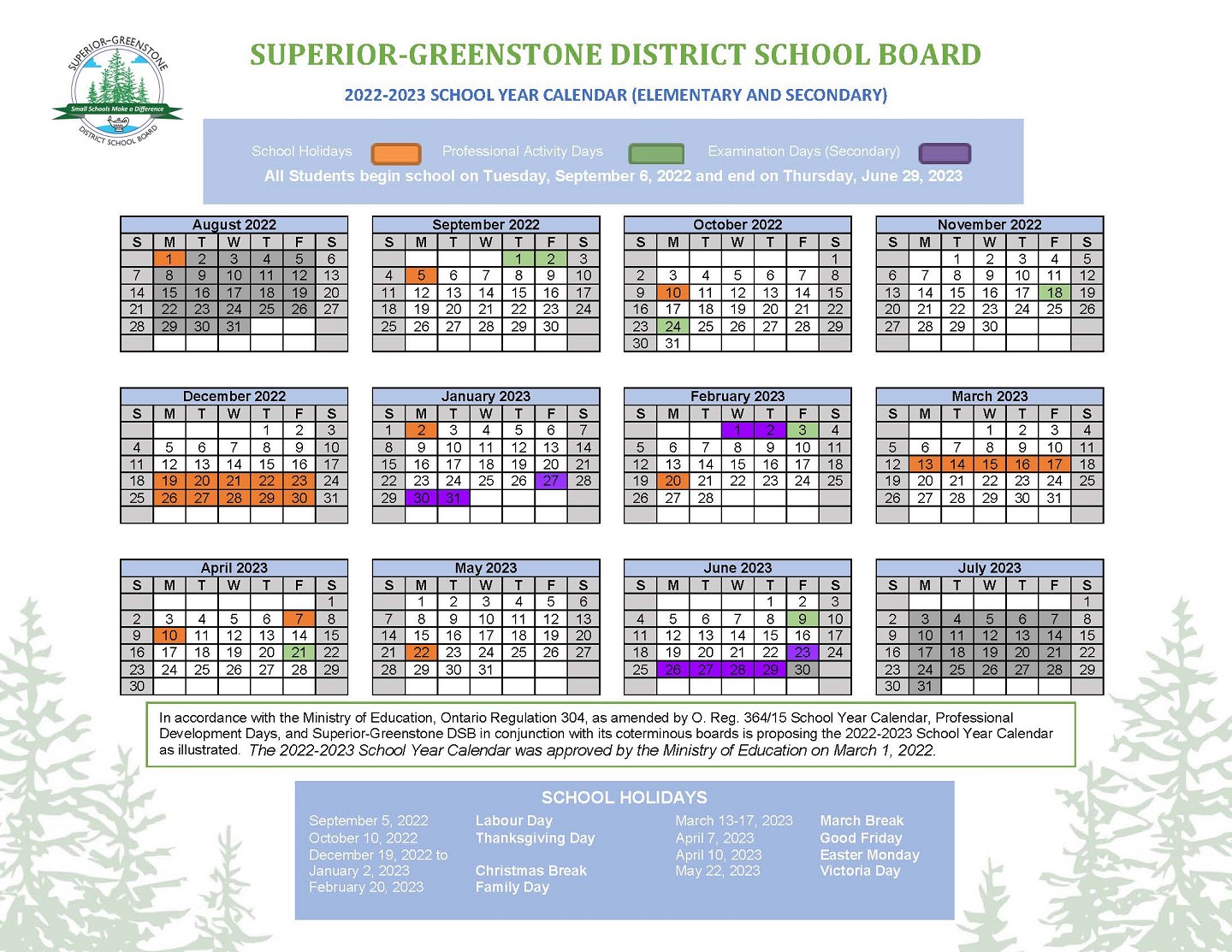 2022-2023 School Year Calendar for SGDSB